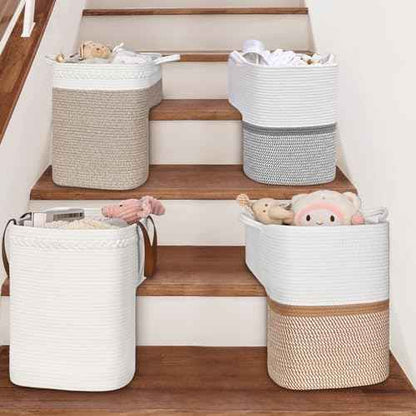 Woven Stair Basket, Stair Baskets for Wooden Stairs, Carpeted Stairs Storage Basket with Handles, Staircase Baskets for Toys, Books, Brown, 15¡± L x 10¡± W x 15¡± H