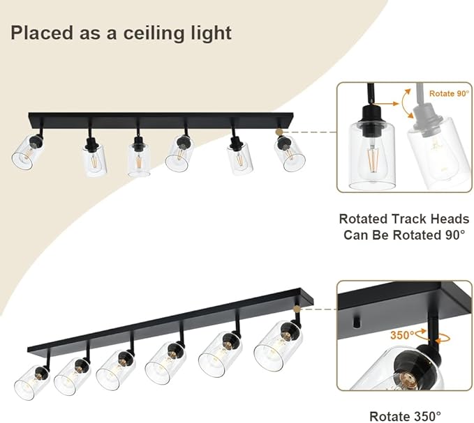 VINLUZ 6 Light Multi-Directional Rotating Metal Ceiling Spotlight with Adjustable Track Heads Classic Bathroom Vanity Wall Lighting with Clear Shade in Black Finish