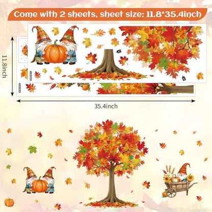Fall Wall Stickers Maple Tree Leaves Gnome Wall Stickers Peel and Stick Large Room Mural Decals for Autumn Harvest Thanksgiving Party Home Nursery Bedroom Decor