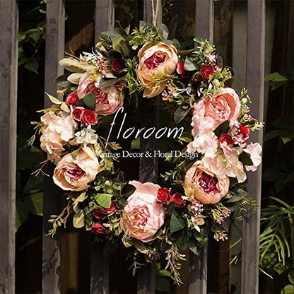 Floroom Floral Wreath, Artificial Peony Wreath, 15"-16" Front Door Decorations Wall Decor