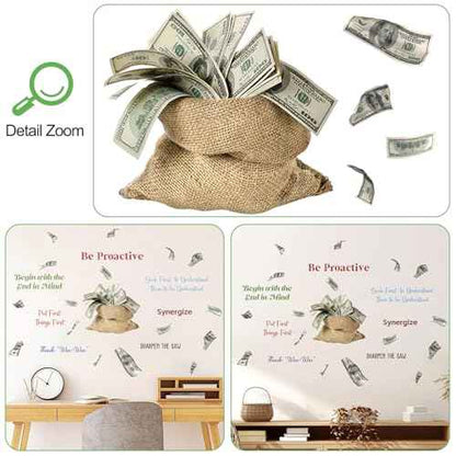 2Sheets Creative Money Bag Filled Dollars Object Wall Decal Removable DIY Inspirational Quotes Wall Decals Vinyl Peel and Stick Money Wallpaper for Girls Boys Bedroom Living Room Bathroom Decor