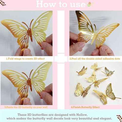 36Pcs 3D Gold Butterfly Wall Stickers, 3 Sizes Butterfly Decoration, Removable Wall Decals Room Decor for Bedroom Nursery Classroom Party Wedding Cake Decor Paint, Wall Treatments and Supplies
