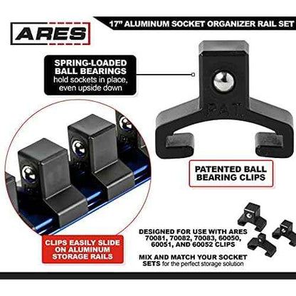 ARES 60125-3-Piece Blue 17-Inch Aluminum Socket Rail Set with Locking End Caps - Includes 1/4-Inch, 3/8-Inch, and 1/2-Inch Drive Rails - Each Aluminum Rail Stores up to 16 Sockets