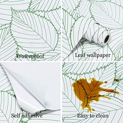 Kitico 17.7" X118.1" Modern Green Leaf Wallpaper Leaf Peel and Stick Wallpaper Green and White Leaves Contact Paper Removable Self-Adhesive Waterproof Leaf Wall Paper for Wall Home Decor