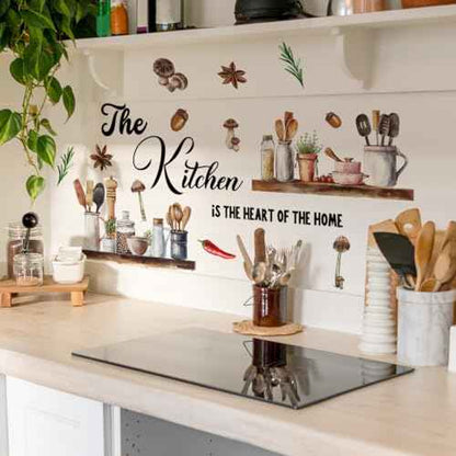 Kitchen Themed Wall Decal 'The Kitchen is The Heart of The Home' Quote with Cooking Elements s Design, Easy Peel & Stick Removable,DIY Wall Sticker Perfect for Kitchen,Living Room and Nursery D?cor