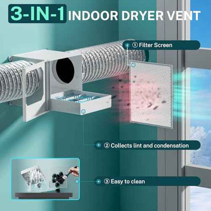 Dryer Duct Lint Trap, HG Power Metal Indoor Dryer Vent Kit with Water Drawer System to Collect Lint for Electric Dryer, Inline Dryer Lint Catcher Box with 4 Inch 8FT Dryer Vent Hose, 2 Clamps