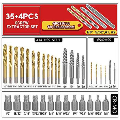 39 Pcs Screw Extractor Set, 6542/4341 HSS Left Hand Drill Bit Set, Easy Out Extractor Set Multi-Spline Stripped Screw Extractor Set for Removing Damaged Broken Rusted Nuts, Bolts