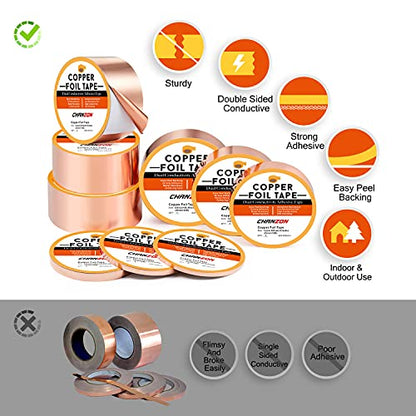 CHANZON 130ft Copper Foil Tape 6mm 1/4 inch Double Sided Conductive Adhesive for Stained Glass,Soldering,Electric,Crafts,Repair,Paper Circuits,Grounding,Guitars(2 Pack)