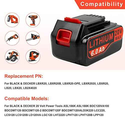 2-Pack 6Ah Max 20V Lithium Battery Replacement for Black & Decker ASL/BDC/LD/LC/LP Series, Compatible with LBXR20 LBXR20B LBXR20-OPE LBXR2020 LBXR20 LB20 LBX20 - High Capacity Cordless Tool