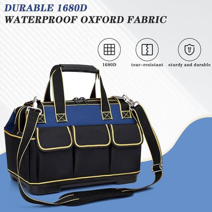 20 Inch Heavy duty tool bag, multifunctional tool bag organizer, waterproof and wear-resistant base with large double zipper and adjustable shoulder strap, gift for Father's Day and Men,blue