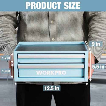 WORKPRO 12.5" Mini Tool Box with 2 Drawers & 1 Open Top Storage, Small Metal Tool Chest with PVC Liners & PP Feet Pads, Cold Rolled Steel Toolbox with Drawer Liners & Magnetic Tabs