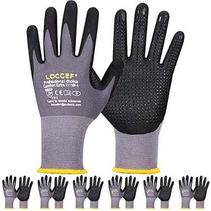 LOCCEF Work Gloves MicroFoam Nitrile Coated-6 Pairs,Endurance Seamless Knit Nylon,Dots on palm,Tacky Dot Grip Gloves