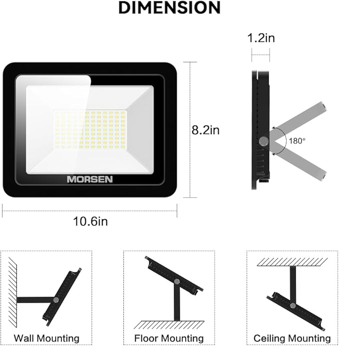 MORSEN 100W Flood Light Outdoor Plug in - 15000LM 5000K LED Flood Light, IP66 Waterproof, UL Listed Daylight Security Lights for Garden, Yard, Garage, Stadium, 2 Pack