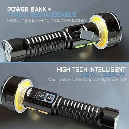 Rechargeable Flashlights High Lumens, 3500LM Bright Tactical Flashlight, 4000mAh with LCD Display, 3 Modes COB Camping Lantern Flashlight for Outdoor Emergency, Hiking, Home Use