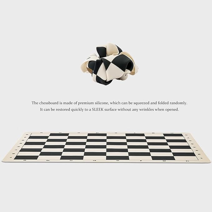 A&ampA Tournament Chess Set/ 20''x20'' Foldable Silicone Chess Board / 3.75'' King Height Plastic Quadruple Weighted Classic Staunton Pieces/Storage Bag for 6 Years Old - 2 Players