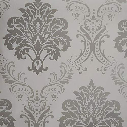 Lependor Silver Damask Peel and Stick Wallpaper Easily Removable Printed Stick Wall Paper Decorative Self Adhesive Shelf Drawer Liner Roll - 17.71¡± Wide x 118¡± Long (17.71" X 9.8 ft, Silver Damask)