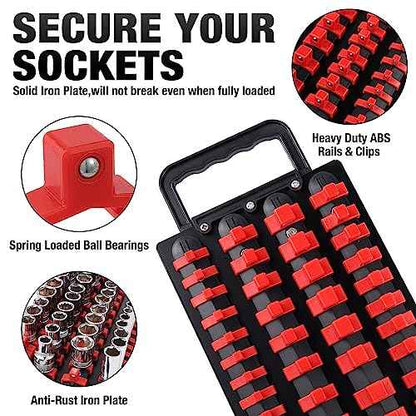 ALOANES 160-Piece Portable Socket Organizer Steel Tray, Heavy Duty Socket Holders with Handle, Socket Rack, 1/4-Inch x52 Clips, 3/8-Inch x 60 Clips, 1/2-Inch x 48 Clips, 2Packs Set (Blue&Red)