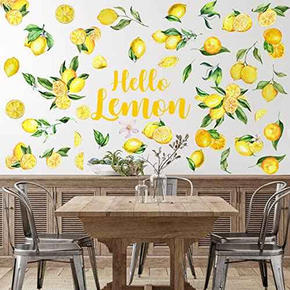 6 Sheet Lemon Wall Decals Decor Peel and Stick Wall Stickers Art for Kitchen Boho Fruit Flower Botanical Leaf Decals Yellow Green Lemonade Wallpaper Summer Lemon Stickers for Living Dining Room