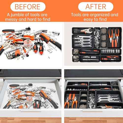 [5-Sizes] 70 Pack Tool Box Organizer Tray, Large 12'' Tools Box Organizers and Storage, for Hammer, Wrench, Screw, Small Parts Toolbox Organization, Tool Cart Chest Garage Drawer Organizer Tray, Black