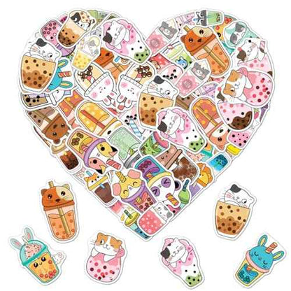 Pack 50 Pcs Cute Beverage Boba Tea Stickers for Water Bottles Waterproof Laptop Luggage Helmet Computer Teens Adults Girls Boys Funny Aesthetic Sticker Packs Small Vinyl Decals