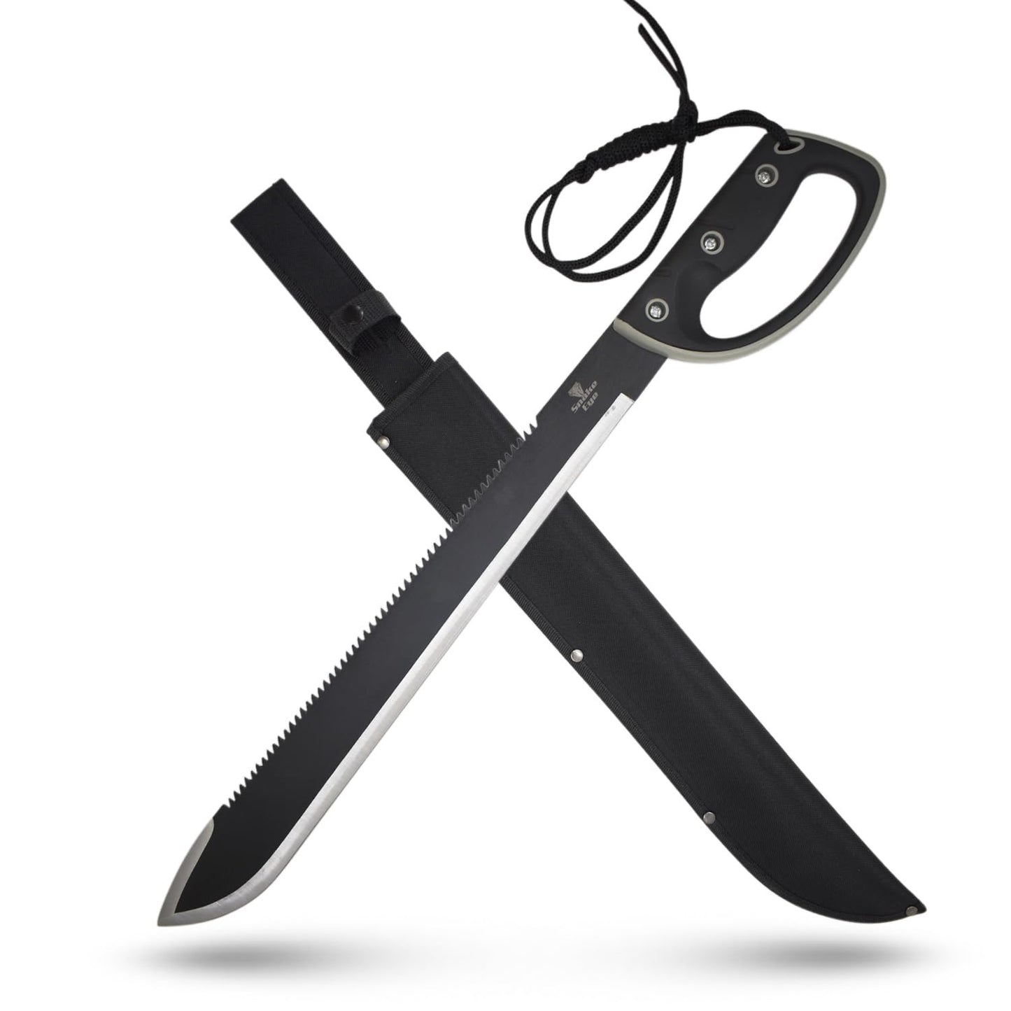 Snake Eye Tactical Full-Tang Machete – Heavy Duty Fixed Blade Survival Tool with Reinforced Nylon Sheath for Camping, Hunting, and Bushcraft