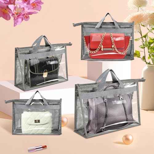 10 Pcs Dust Bags for Handbags,Clear Handbag Storage Organizer,Purse Storage Organizer for Closet,Purse Protector Storage Bag with Zipper Handle and Hooks (Grey)