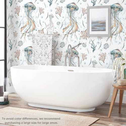 HeloHo Peel and Stick Wallpaper Light Blue Wall Paper Ocean Jellyfish Seaweed Self Adhesive Removable Waterproof Contact Paper for Bathroom Living Room Decor Kids Room Wallpaper 16.1" X 118"