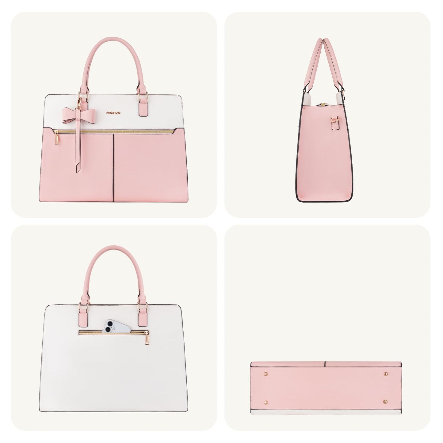 MOSISO Laptop Tote Bag for Women, 15.6 inch Waterproof PU Leather Work Bag with Clutch Purse & Bowknot, Large Capacity Handbag Shoulder Computer Bags Work Briefcase for Business Teacher Office, Pink