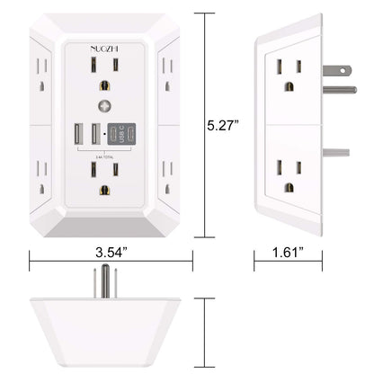 Outlet Extender Surge Protector - NUOZHI 6 Outlet Splitter with 4 USB Ports(2 USB-C), Multi Plug Wall Outlet 1680J Power Strip for Home Office Dorm Room Essentials, ETL, White