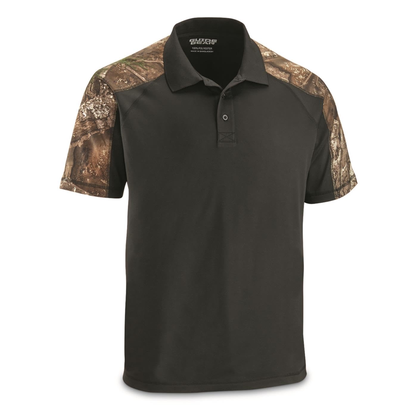 Guide Gear Men's Camo Detail Polo Shirt; Outdoors Clothing for Hunting, Fishing, Hiking or Working Black/RT APX XL
