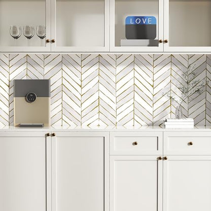 Gold and Light Gray Peel and Stick Wallpaper, Modern Geometric Contact Paper 17.3''x78.7'', Removable Herringbone Wallpaper, Geometric Striped Contact Paper Self-Adhesive for Cabinets