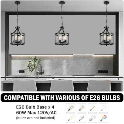 Black Farmhouse Chandelier, 4-Light Pendant Lights Over Kitchen Island, Industrial Chandelier Ceiling Hanging Light Fixtures for Entryway Dining Room Foyer Hallway Living Room, Adjustable Height