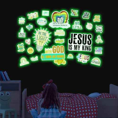 Jesus Christian Bible Wall Decals Glow in The Dark, Christ Faith Inspirational Motivational Room Decor, Positive Peel and Stick Wallpaper Kids Sticker