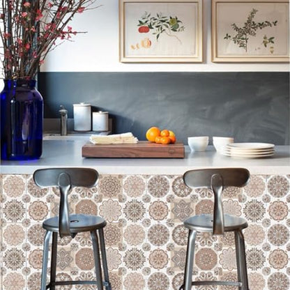 24PCS Mandala Tile Stickers Set, Peel and Stick Wall Tile Wall Decor for Home Bathroom Kitchen,Wall Sticker Backsplash Waterproof PVC Decoration Stickers, 4x4 Inch (Brown)