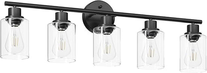 5-Light Black Bathroom Vanity Lights, E26 Modern Bathroom Light Fixtures with Clear Glass Shade, Mirror Kitchen Hallway Cabinet Living Room Sconces Wall Lights