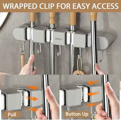 3PCS Broom Mop Holder with Hooks Wall Mounted Broom Storage Rack No Drilling Self-Adhesive Mop Broom Organizer Mop Holder Hanger for Bathroom Office Kitchen Closet Garage,Grey (3)