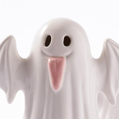 WDS WONDROUS Halloween Decor Ghost Figurines Light Up – White Set of 2 Ghost Figurines with Pink Tongue –Cute Halloween Ceramic Ghost Statues Decorations for Table Indoor(5.51x6.29”and 4.72x5.11”)