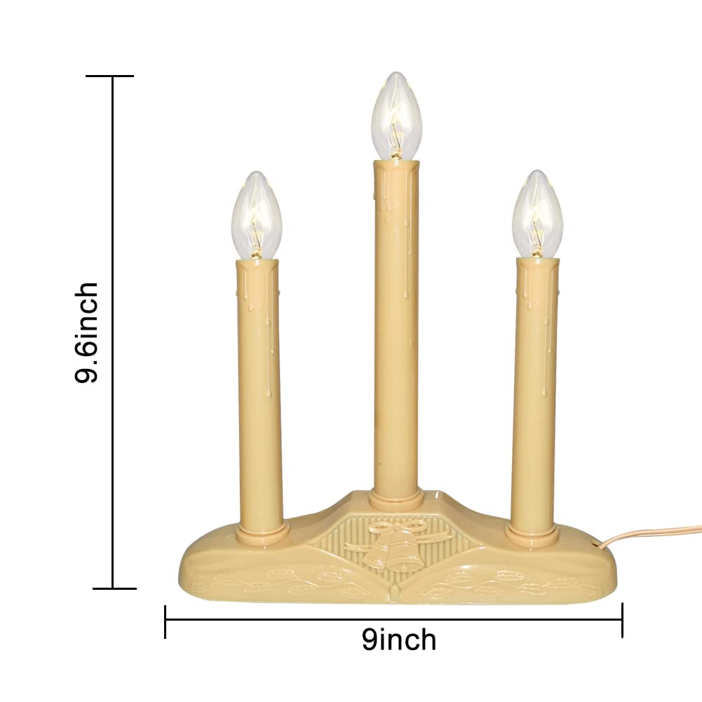 Oviejo 3 Light Christmas Window Candles, Electric Window Candle Lamp Lights Plug in Christmas Candle Lamp with 4 C7 Clear Bulbs (1 Spare Bulbs), Ivory Bases Plug in Candle for Decorations