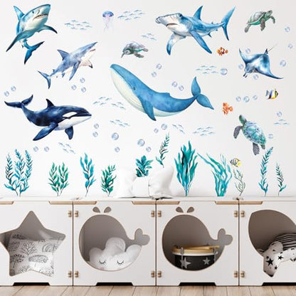 SHUCHING Removable Shark Wall Decals Peel and Stick, Vinyl Ocean Wall Sticker, Under The Sea Wall Decor Art for Nursery Playroom
