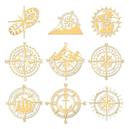 OLYCRAFT 9pcs 1.6x1.6 Inch Compass Theme Stickers Mountain Compass Stickers Self Adhesive Gold Metal Stickers Shoe Print Metal Stickers for Scrapbooks DIY Crafts Phone Decoration