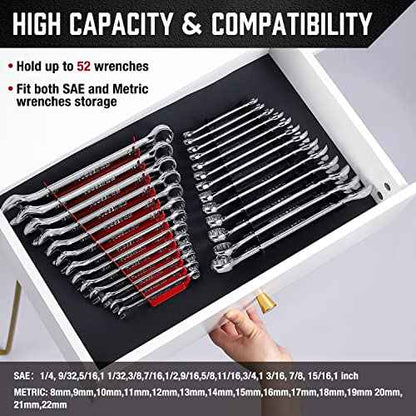 ALOANES 52-Slot Metal Wrench Organizer, Heavy Duty Wrench Organizer Tray for Tool Box, Fit SAE & Metric Wrench Storage, 4 Pack Wrench Holders(Red&Black)
