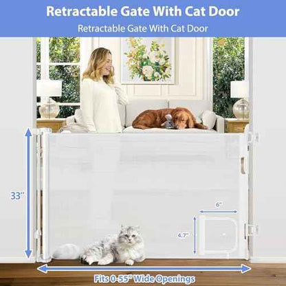 Retractable Baby Gate with Cat Door 55" Wide Retractable Baby Gate for Stairs Mesh Baby Gate with Pet Door Retractable Dog Gate for The House Retractable Pet Gate with Door Safety Gates for Toddlers