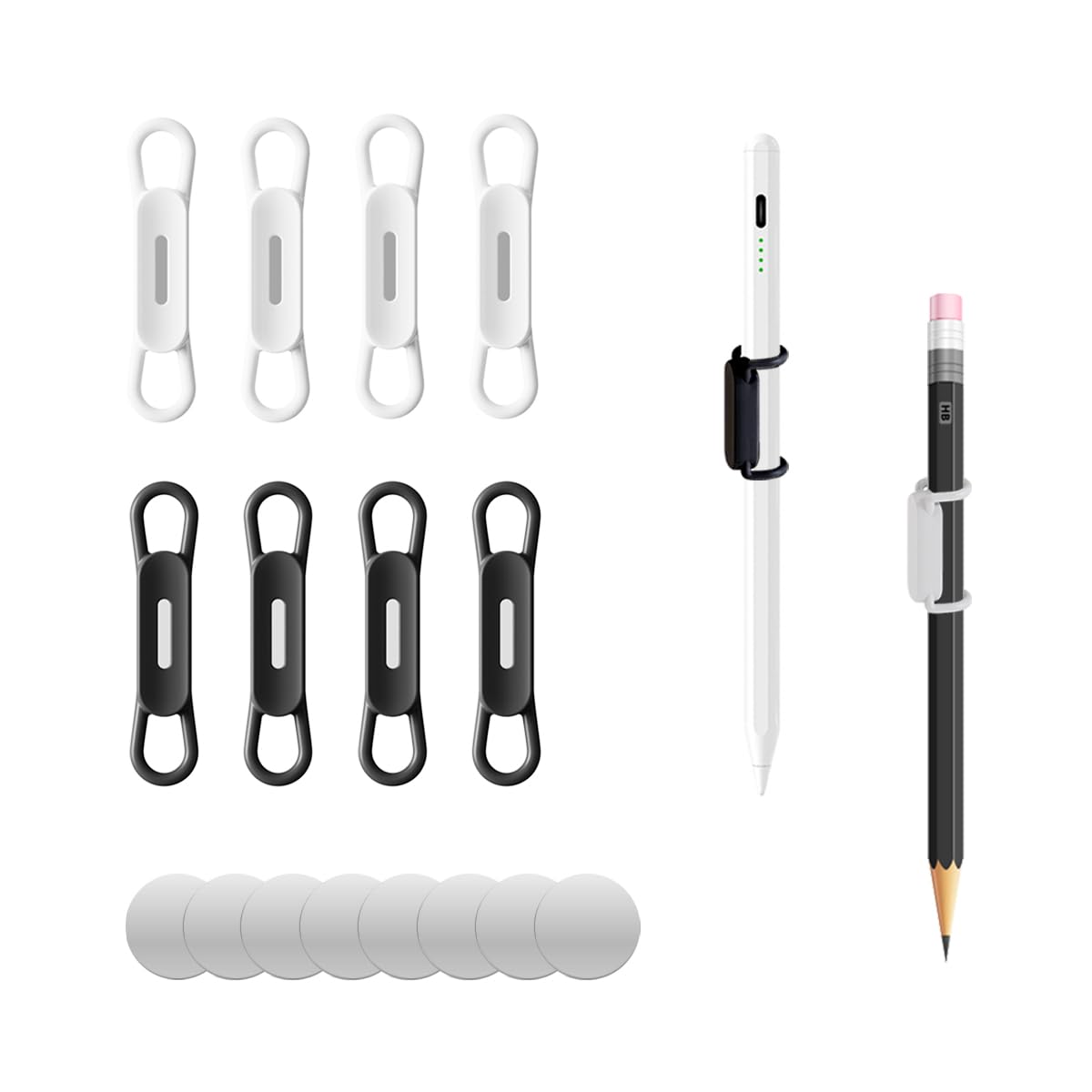 XYOFUN Magnetic Pen Holders Set of 8,Silicone Adjustable Pen Pencil Holder,Flexible Pencil Holder for Refrigerator,Whiteboards,Desk Accessories & Teacher Supplies(White-4,Black-4)