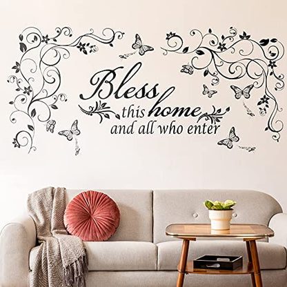 Living Room Wall Decals Stickers Bless This Home and All Who Enter Removable Vinyl Quotes Black Flowers Vine Wall Stickers Butterfly Wall Sticker Murals Peel and Stick Art for Home Decorations