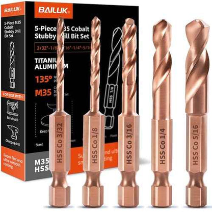 M35 Cobalt Stubby Drill Bit Set for Metal & Stainless Steel, SAE Sizes 3/32"-1/8"-3/16"-1/4"-5/16", 5-Piece Carbide Drill Bits with 1/4" Hex Shank for Quick Chucks & Impact Drivers