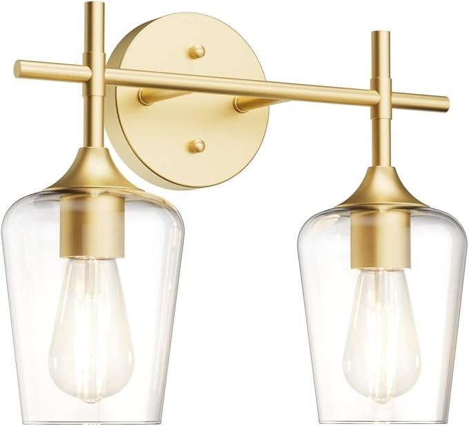 Ralbay Gold Bathroom Light Fixtures 2-Lights with Clear Glass Modern Wall Mount Lighting Industrial Farmhouse Gold Bathroom Vanity Lights Wall Sconce