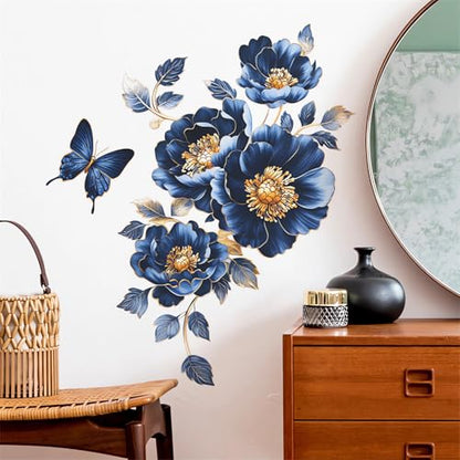 Gorgeous Blue Peony Rose Flower Wall Stickers, sacinora Butterfly Floral Art 3D Wall Decals Removable Vinyl Peel and Stick for Bedroom Study Room Bathroom Home Decorations