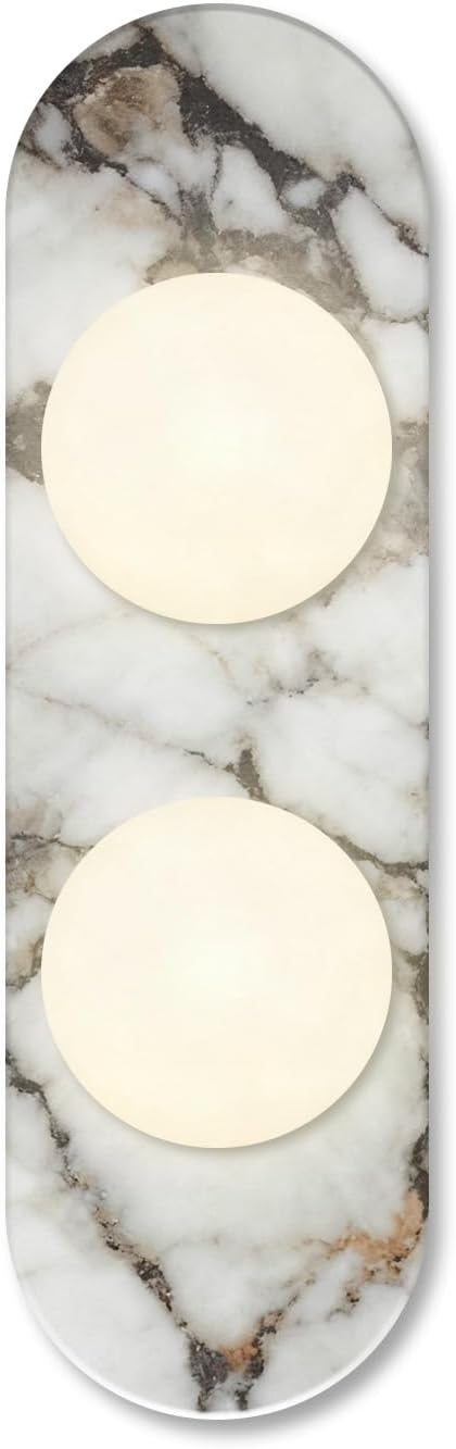Natural Marble Wall Sconce with Alabaster Glass Globe, Modern Hardwired Wall Light Fixture for Bedroom, Bathroom, Dining Room, Hallway, Stairs (2-Light Sconce)