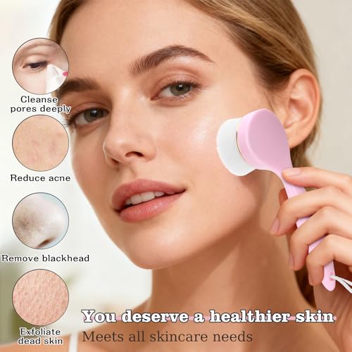 2 Pack Soft Bristle Facial Cleansing Brush for Deep Pore Cleaning, Face Exfoliating Scrub Brush for Face Cleansing Skincare Massaging (Pink and Jade White)