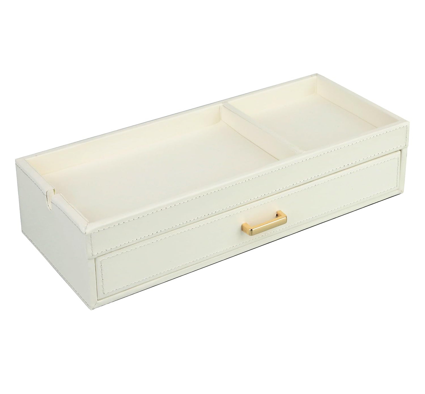 HofferRuffer Valet Jewelry Tray Organizer with Drawer, Faux Leather Storage Catchall Box Phone Charging Station Tray with Dresser Nightstand Desktop Drawer Organizer (White)